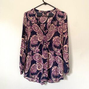 Lucky Brand Blouse Size Small Navy Purple Floral Print 3/4 Button Down Paisley